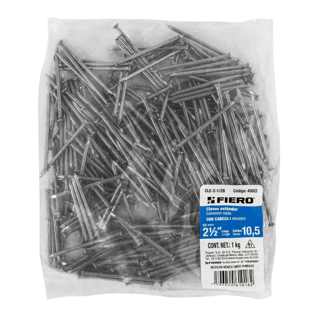 45022 Bolsa con 1 kg de clavo estándar 2-1/2' con cabeza, Fiero CLE-2-1/2B