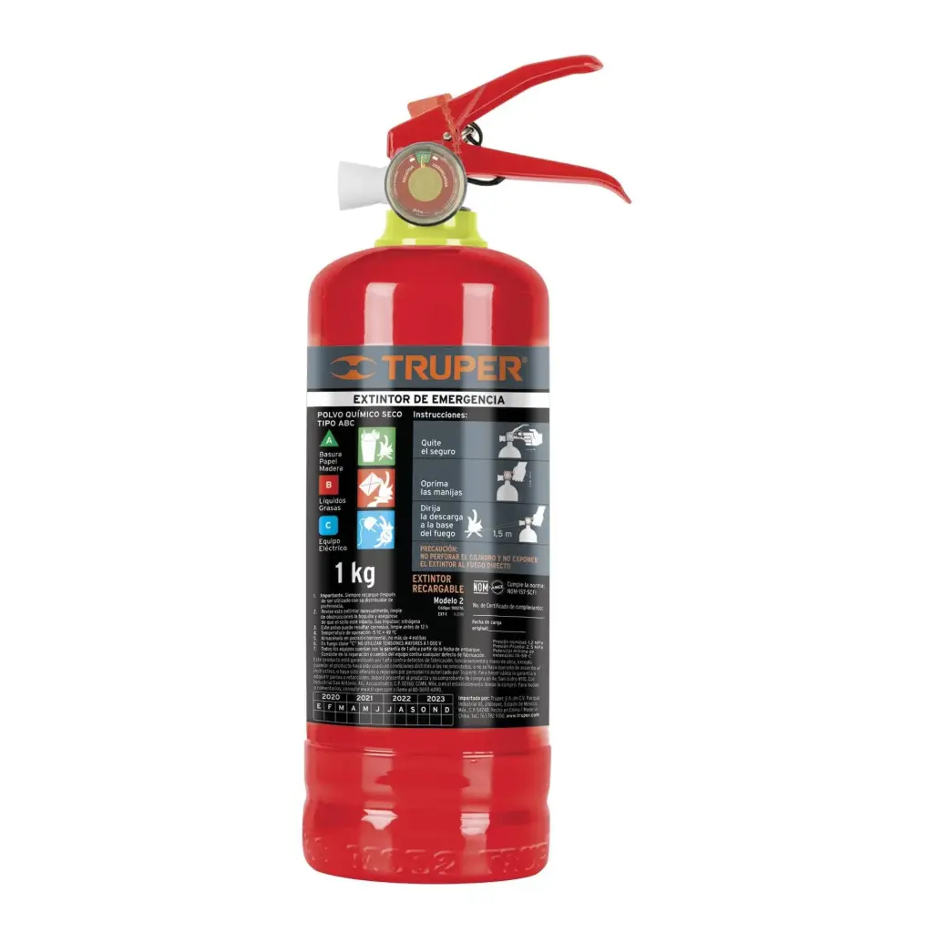100276 Extintor portátil recargable 1 kg, polvo tipo ABC, Truper Ext-1000