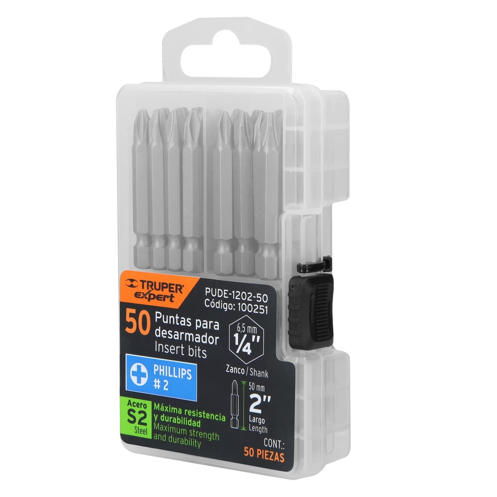 100251 Estuche con 50 puntas de cruz PH2 largo 2', Truper Expert PUDE-1202-50