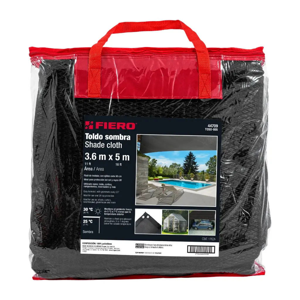 44709 Toldo negro de 5 m de polietileno 80% sombra, ancho 3.60 m TOSO-805