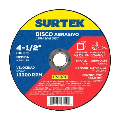 [123320] 123320 Disco abrasivo tipo 27 para metal 4-1/2" x 1/4" Surtek