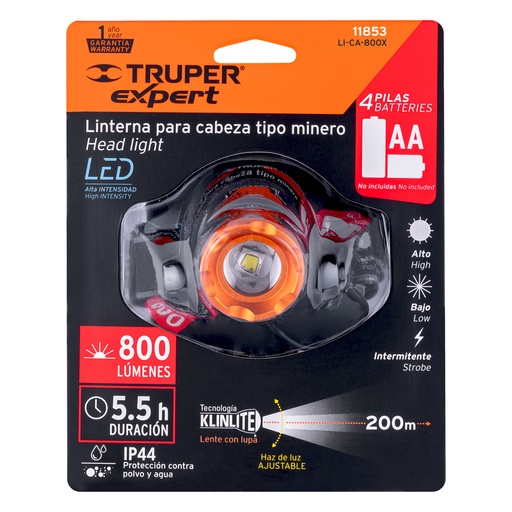 [11853] 11853 Linterna de minero 1 LED 800 lm de 4 pilas AA, Truper Expert LI-CA-800X