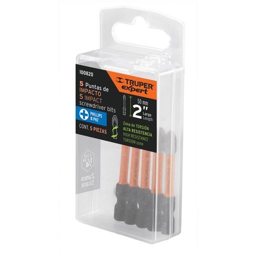 [100820] 100820 Estuche con 5 puntas de cruz PH2 de impacto largo 2', Expert PUDE-1202I